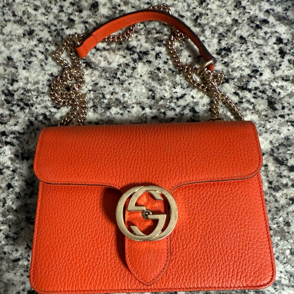 Authentic Gucci Orange Red Leather Crossbody Bag with Gold Chain GG
